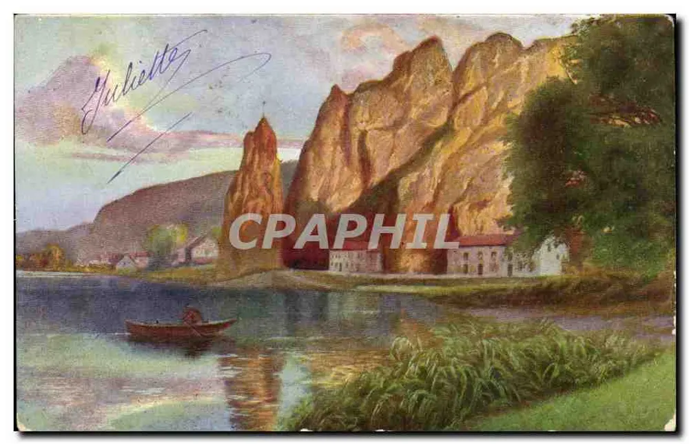 Vue de Juliette — paisaje lacustre con acantilado — Edición de la Chocolaterie d'Aiguebelle - Anverso