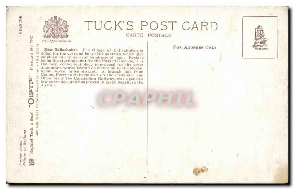 Ansicht der Berge nahe Ballachulish, Glencoe — Tuck's Post Card Nr. 7082 - Rückseite