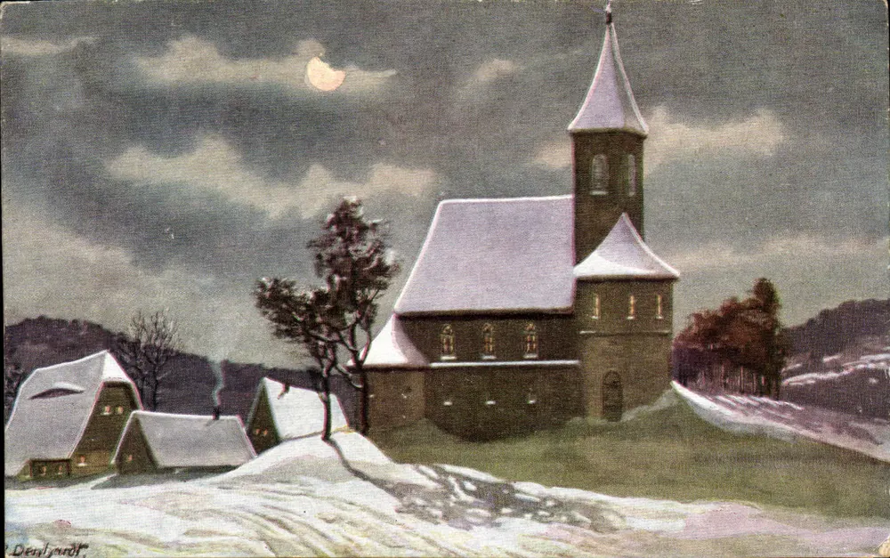 Kerk van Denlyard — winters landschap onder een maanhalve maan — Denlyard - Voorkant
