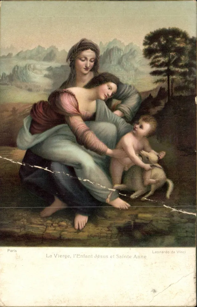 성모님, 예수님과 성아나 — 레오나르도 다빈치의 그림 재현 — 파리 - 앞면