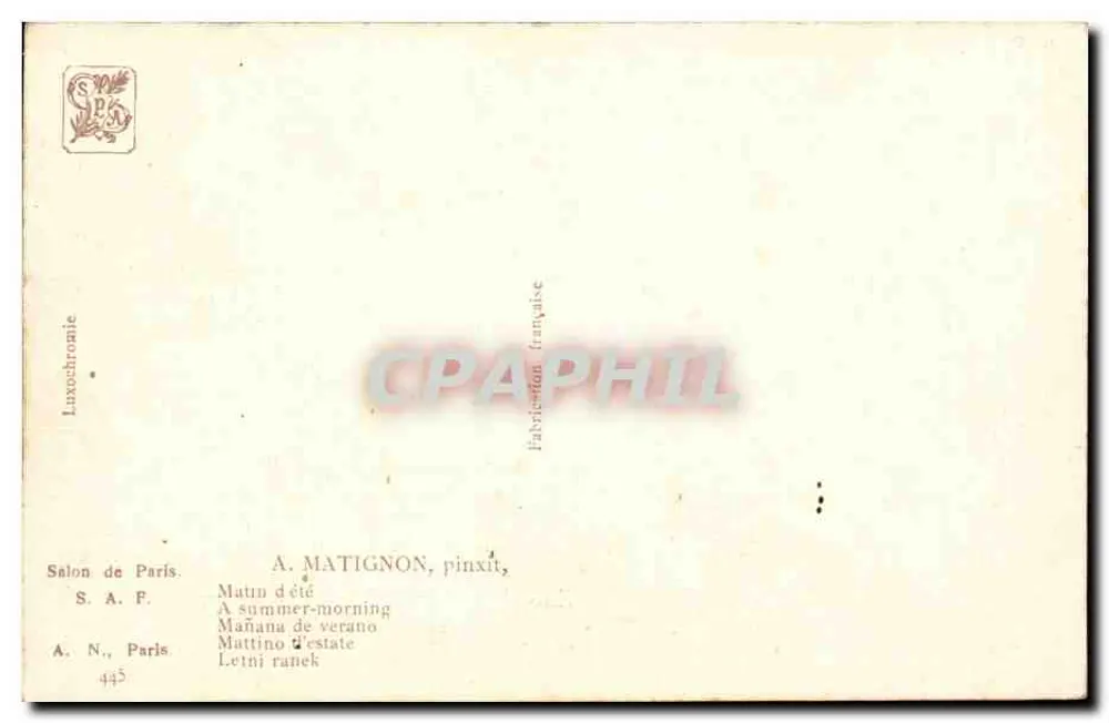Manhã de verão — A summer-morning — A. MATIGNON, pinxit, Salon de Paris, n° 445 - Verso