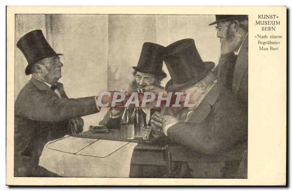 Três homens em chapéu alto à mesa — após um enterro — Kunst Museum Bern, Max Buri - Frente