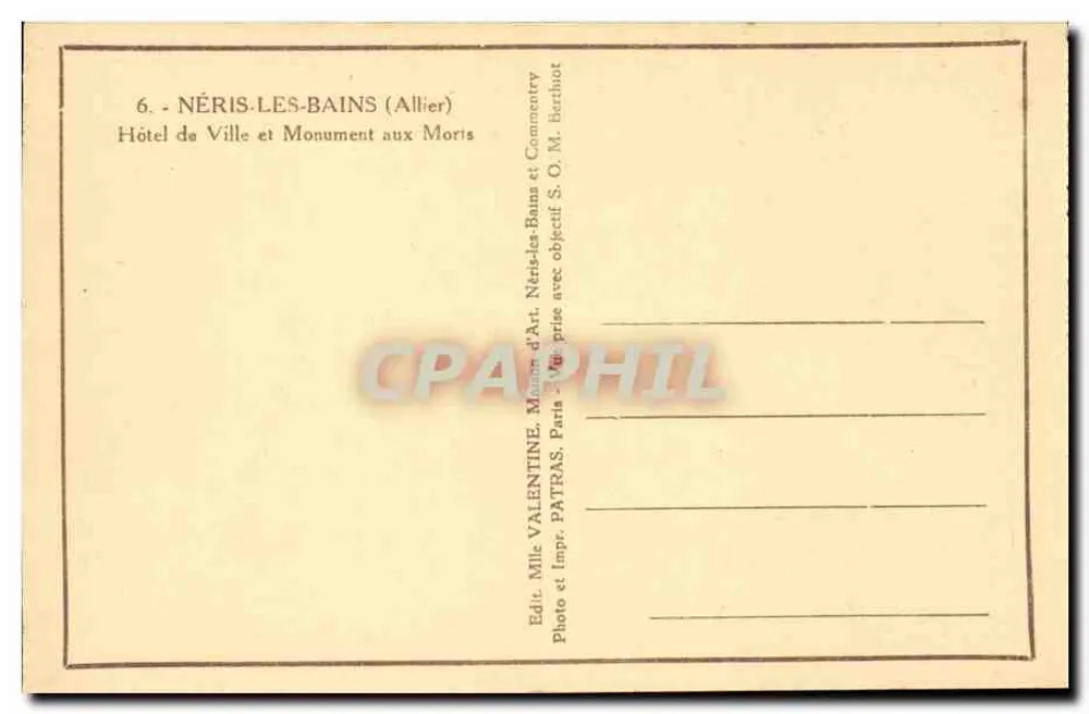 Néris-les-Bains — Rathaus und Kriegerdenkmal — Verlag: Miss Valentine, Paris - Rückseite