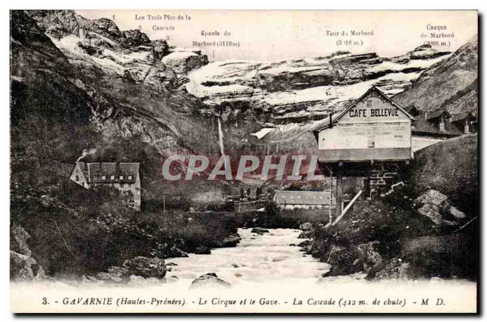 Gavarnie (Hautes-Pyrénées) — O Circo e o Gave — A Cascata (422 m. de queda) — Café Bellevue — Edição A. Abel Gavarnie - Frente