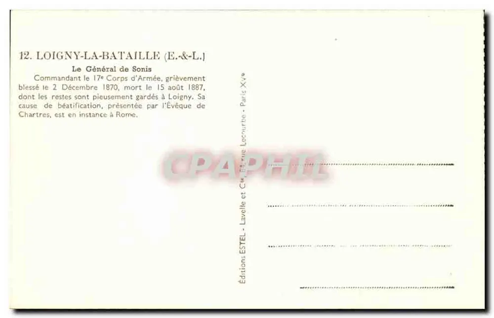 O Geral de Sonis — Comandante do 17º Corpo de Exército — Edições Lavelle et Cie, Paris - Verso