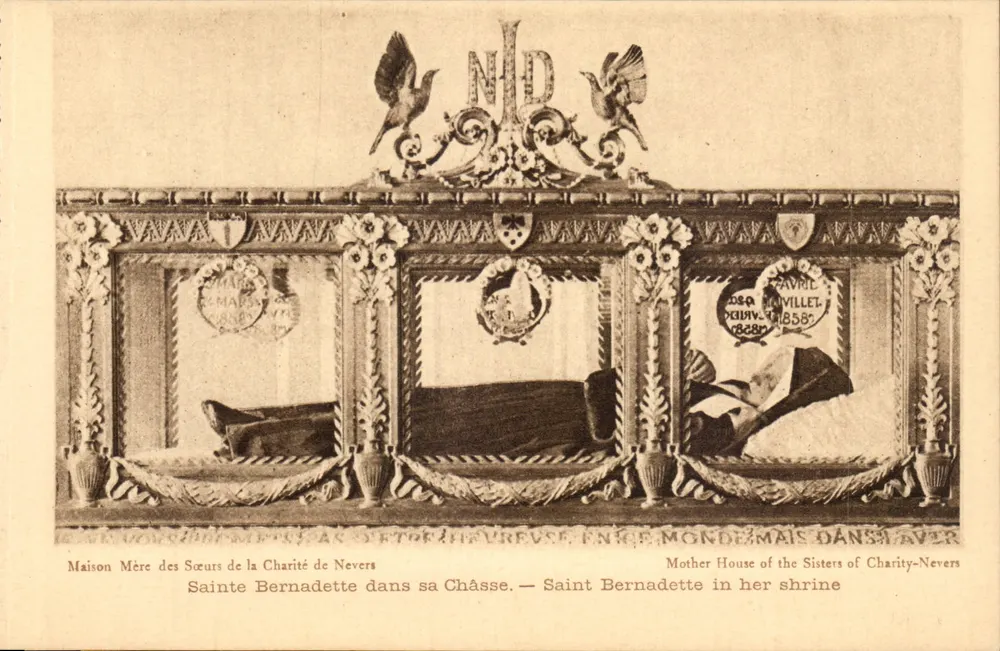 Santa Bernadette em sua cápsula — Casa-Mãe das Irmãs da Caridade de Nevers — editor A. Duvilier, 1888 - Frente