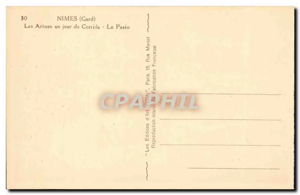 Nîmes (Gard) — Les Arènes un jour de Corrida - Le Paséo — Les Éditions d'Art 'VON' Paris - Rückseite