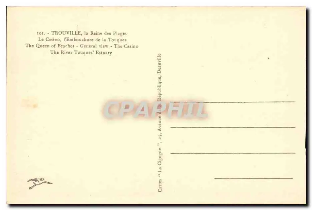TROUVILLE, die Königin der Strände — Das Casino, der Mündung der Touques — Verlag: Karten "La Gigogne", 25 Avenue de la République, Deauville - Rückseite