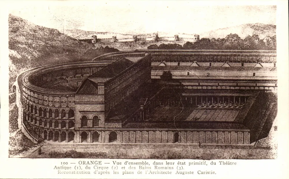Orange — Blick auf das antike Theater, den Circus und die römischen Bäder — Rekonstruktion nach den Plänen des Architekten Auguste Caristie - Vorderseite
