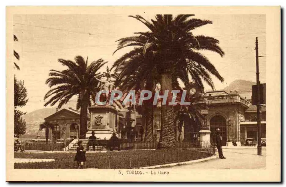 Toulon - A Estação — visão da estação com palmeiras e estátua — editor Coteau, Paris - Frente