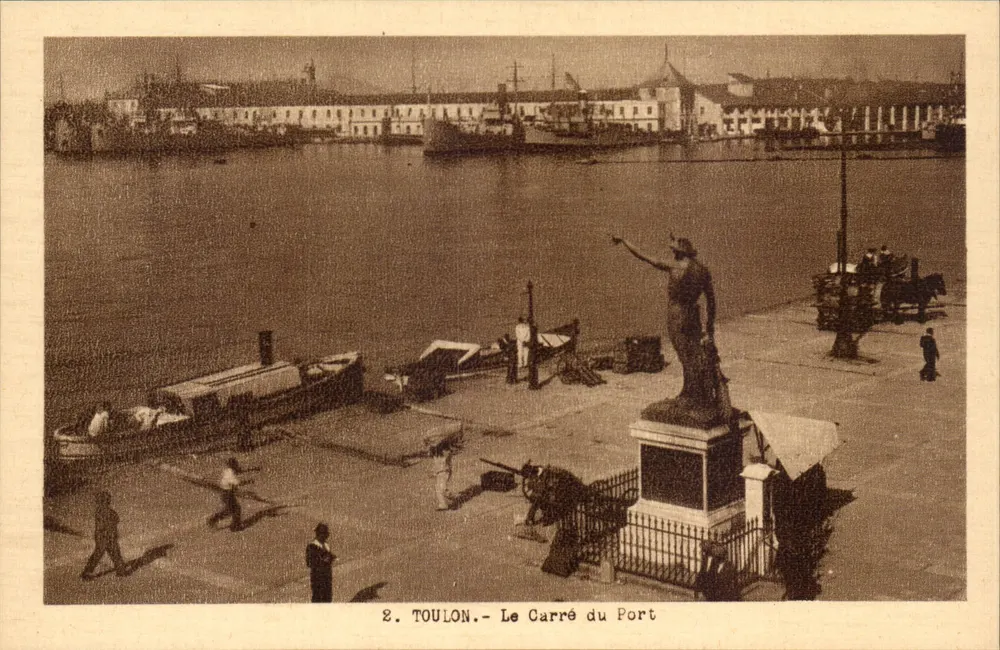Toulon - Der Platz des Hafens — Ansicht des Hafens mit Statue und Booten — Verlag Coteau, Nr. 2 - Vorderseite