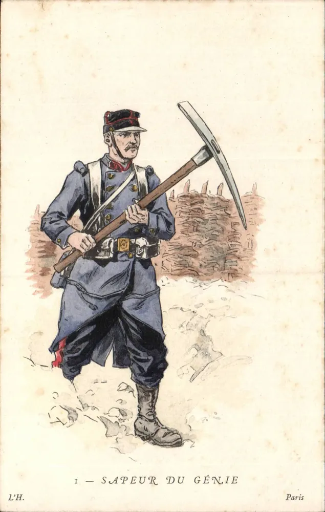 Sapper des Ingenieurkorps — Soldat im blauen Uniform mit Spitzhacke — Verlag L'H. Paris - Vorderseite