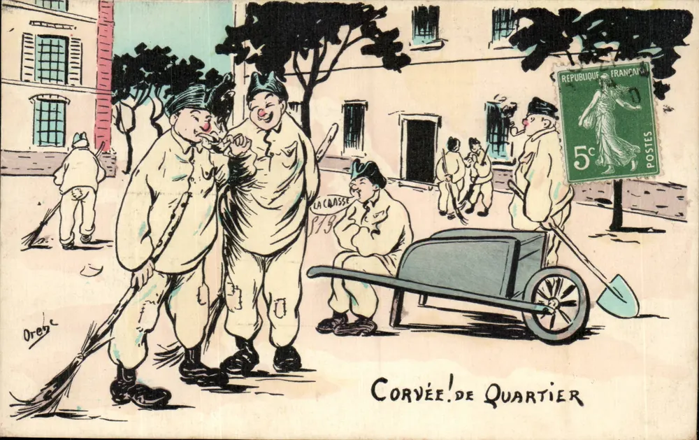 Serviço de Bairro — caricatura de soldados em uniforme de trabalho — Oregé - Frente