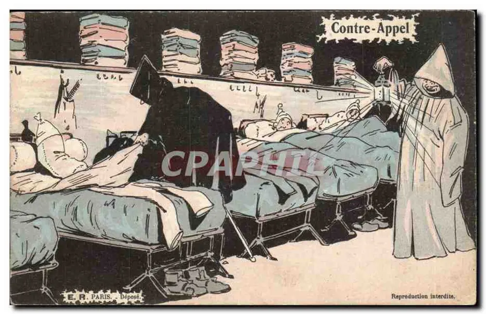 Sala de hospital — caricatura de guerra — E.R. PARIS - Depositado - Frente