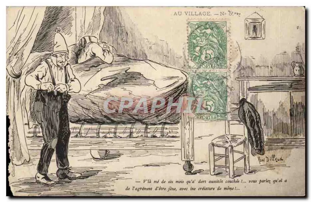 Au village — scène de chambre avec homme debout et lit — éditeur René Billoud, N° 577 - Frente