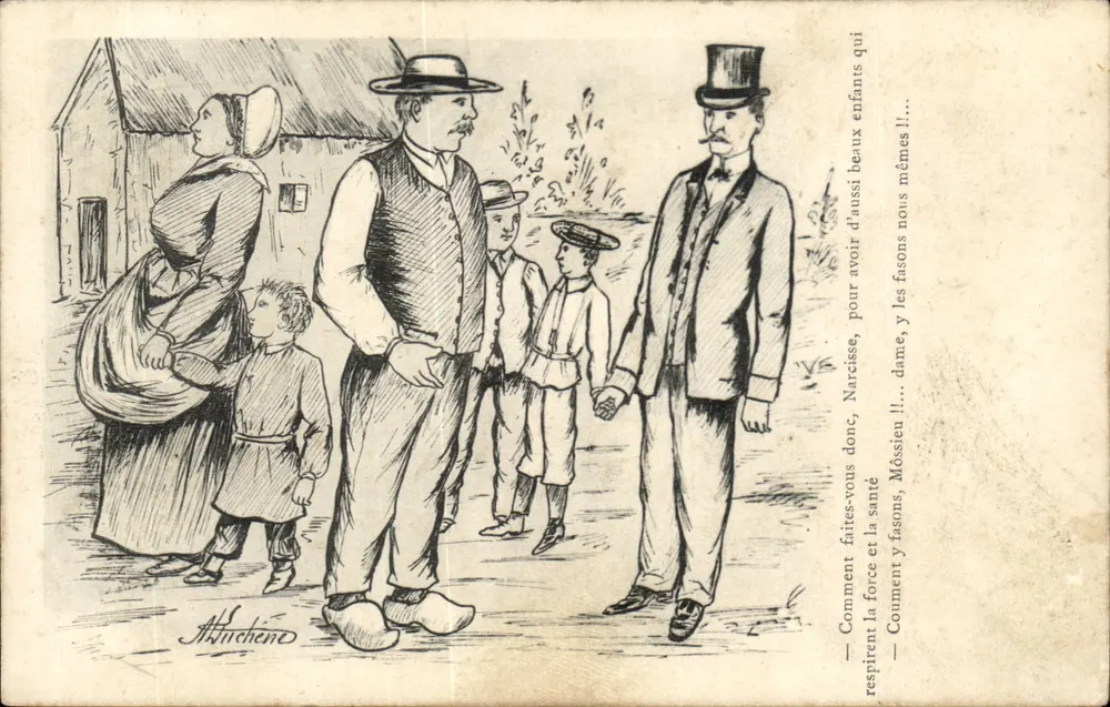Família camponesa e homem com chapéu de cilindro — ilustração de A. Huchene — editor não visível - Frente