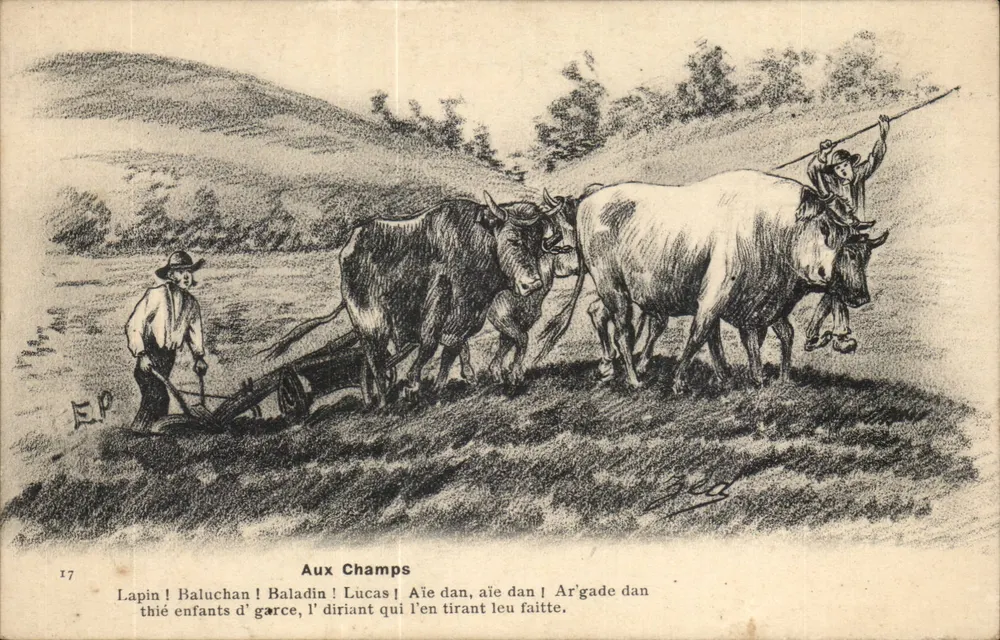 Aux Champs — Szene des Pflügens mit Kühen und Bauern — Verleger EP, n° 17 - Vorderseite