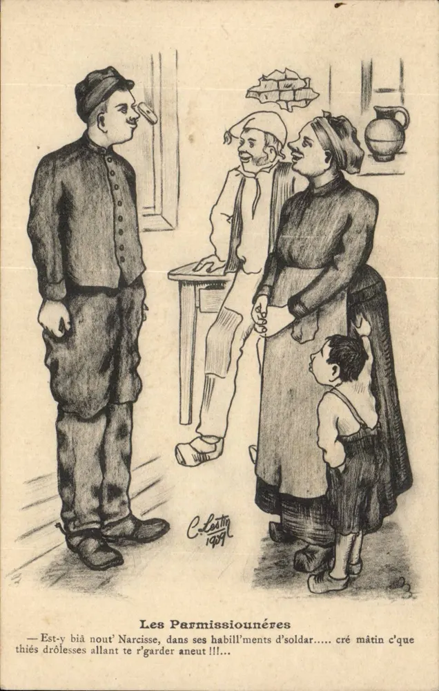 Die Soldaten auf Urlaub — Karikatur von Soldaten auf Urlaub — C. Lestin, 1909 - Vorderseite