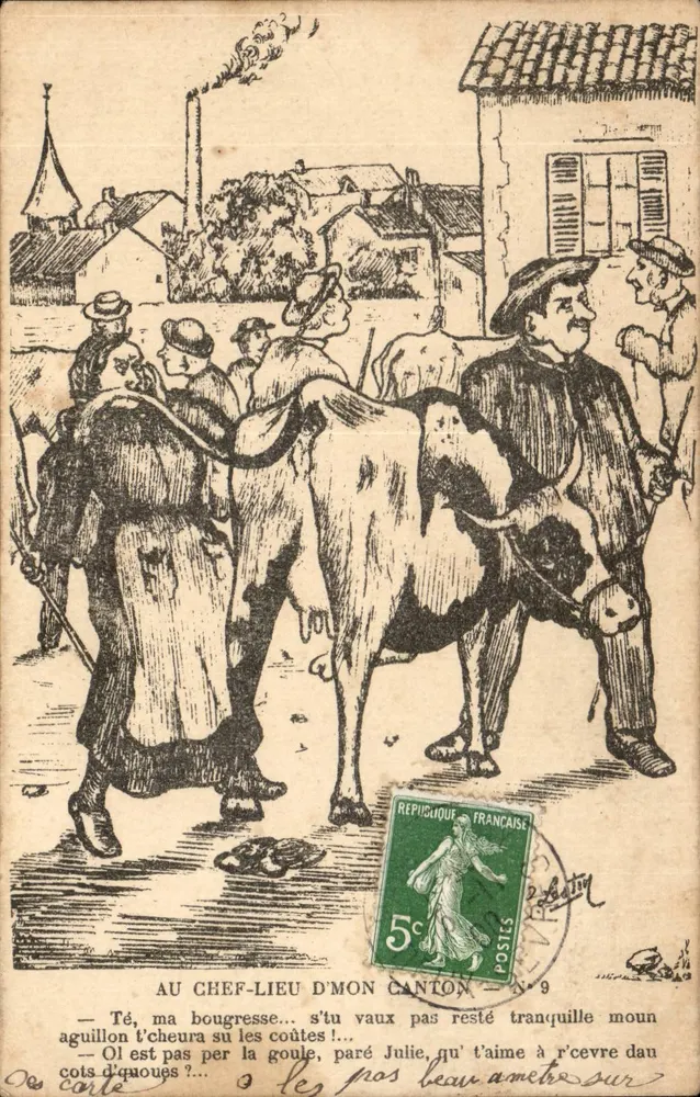 Verwaltungsbezirk — Dorfszene mit Kuh — Verlag Ed. Th. Martin, Niort, Nr. 9 - Vorderseite