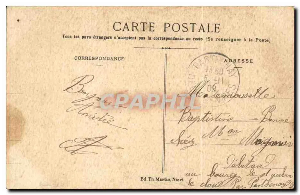 Verwaltungsbezirk — Dorfszene mit Kuh — Verlag Ed. Th. Martin, Niort, Nr. 9 - Rückseite