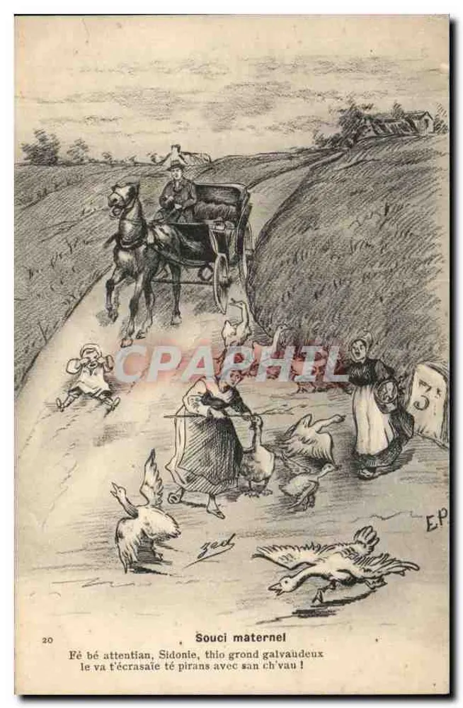 Souci maternel — scène de campagne avec carrosse et canards — Éditeur EP, n°20 - Frente