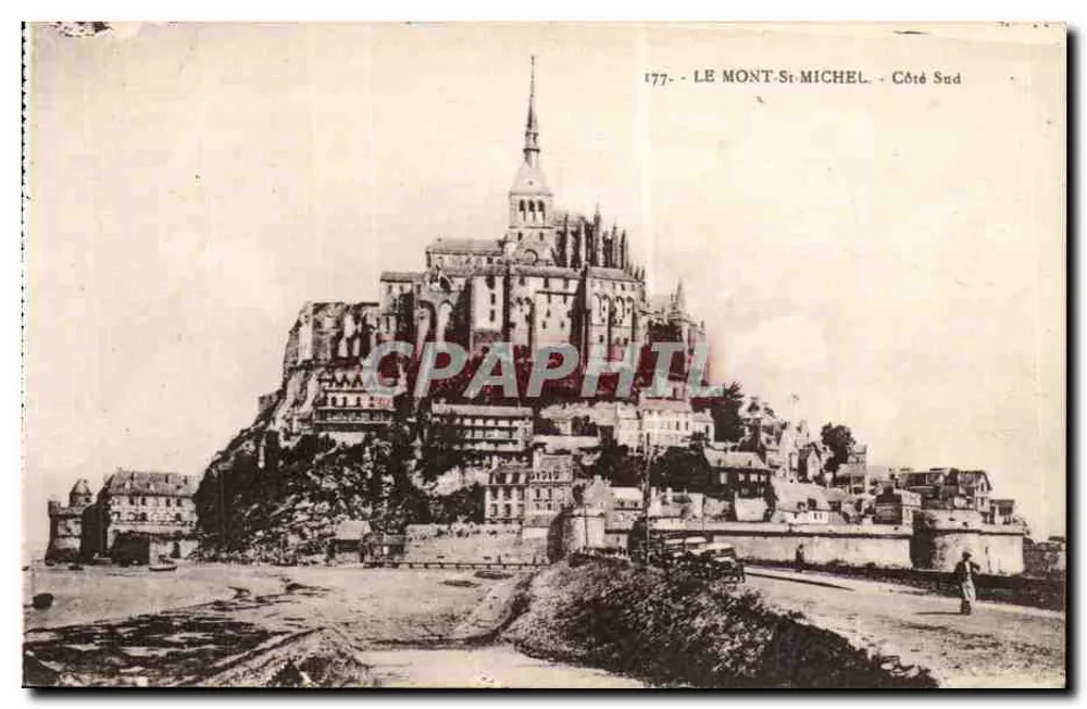 O Mont-Saint-Michel - Lado Sul — vista panorâmica do monte e da abadia — editor Laurent-Nel, França, n° 177 - Frente