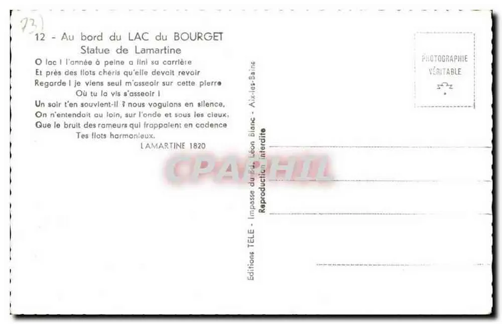 Statua di Lamartine — Lago del Bourget — Edizioni TÉLÉ - Verso