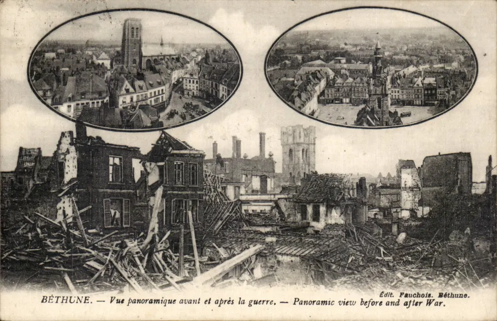 Béthune — Panoramablick vor und nach dem Krieg — Édit. Fauchois, Béthune - Vorderseite