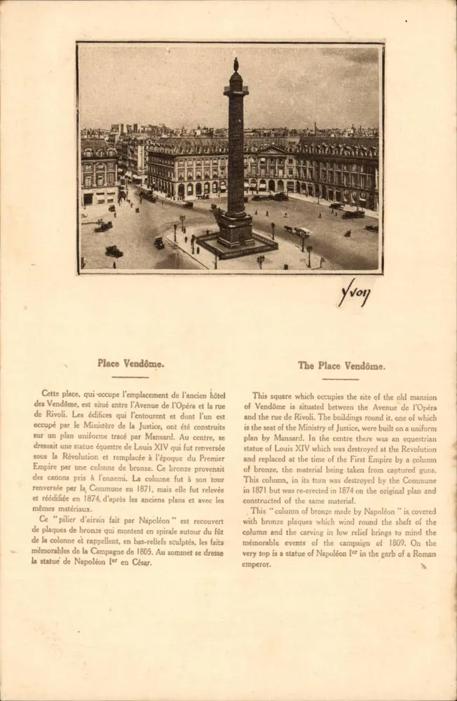 Place Vendôme — vista histórica com coluna de Napoleão — Edição de Arte YVON - Frente