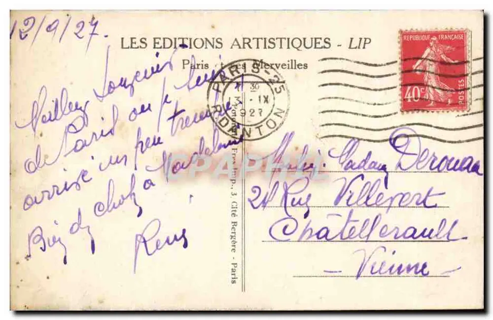 Paris - A Igreja de Saint-Sulpice — editor LIP, n° de série 162 - Verso