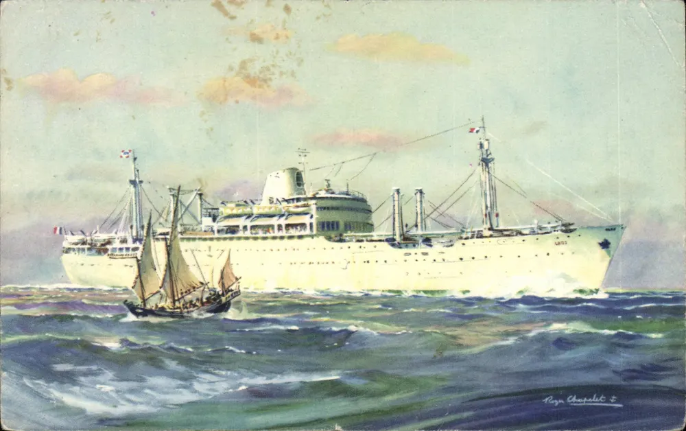 Kreuzer und Segelboot — stürmisches Meer — Zeichnung von Raya Chapellet — Verlag Alépée et Cie - Vorderseite