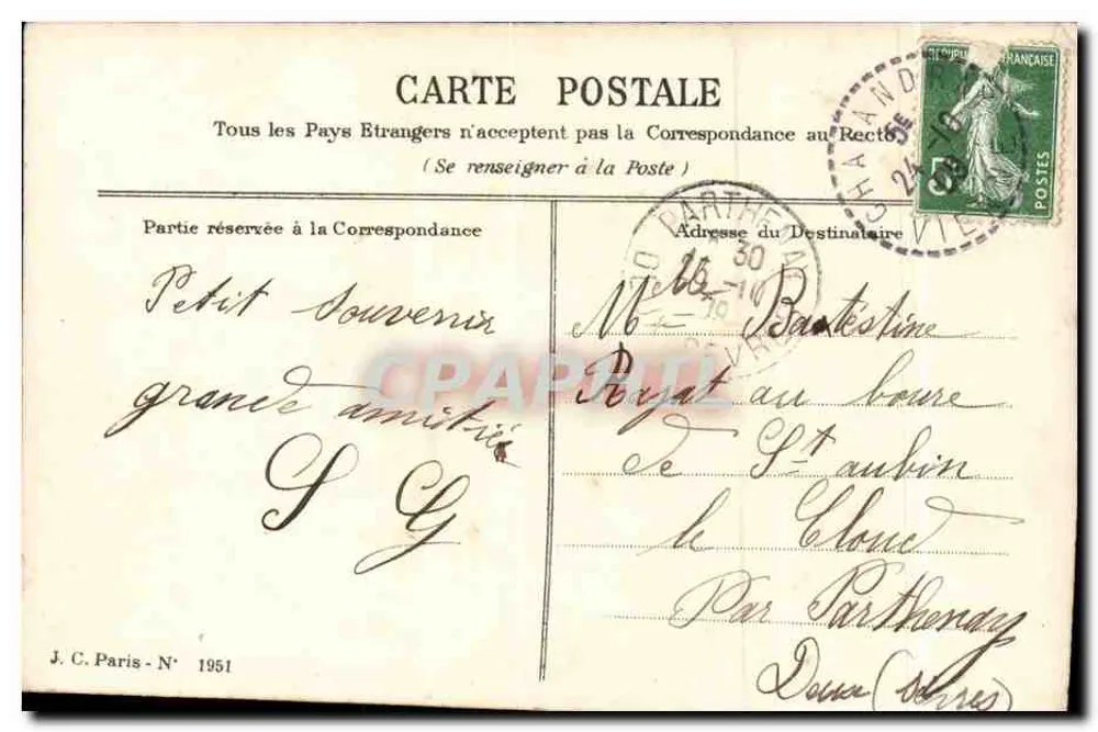 Arranjo de gui — texto 'Pense em mim' — J. C. Paris - N° 1951 - Verso