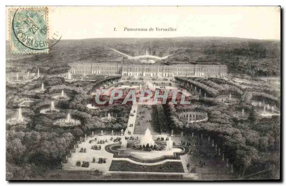 Panorama de Versailles — vista aérea do castelo e dos jardins — Héliot. Bourdier-Faucheux, Versailles - Frente
