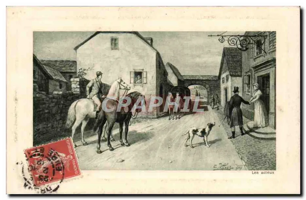 Abschiede — Straßenszene mit Reiter und Frau — E. Offner, Serie 2573 - Vorderseite