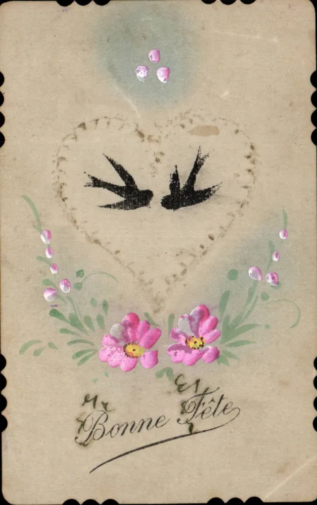Carte de vœux avec oiseaux et fleurs — éditeur inconnu - Recto