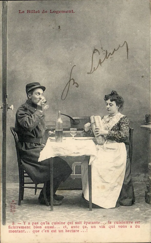 Der Wohnsitznachweis — Küchen-Szene mit Soldaten und Köchin — Verleger R. DUBOIS, Nr. 3 - Vorderseite