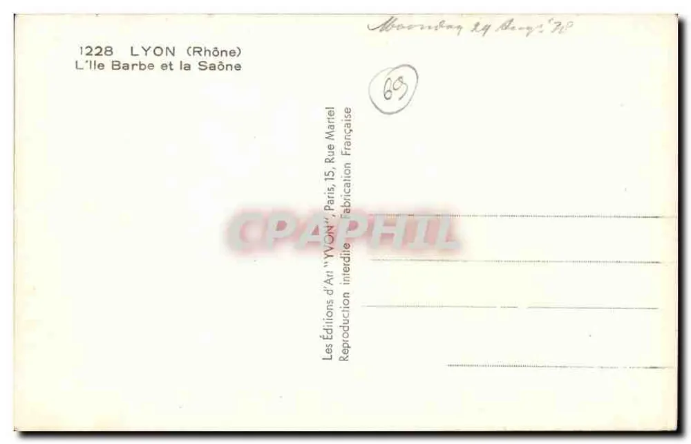 Ilha Barbe e a Saône — Lyon (Rhone) — Les Éditions d'Art 'YVON', Paris - Verso