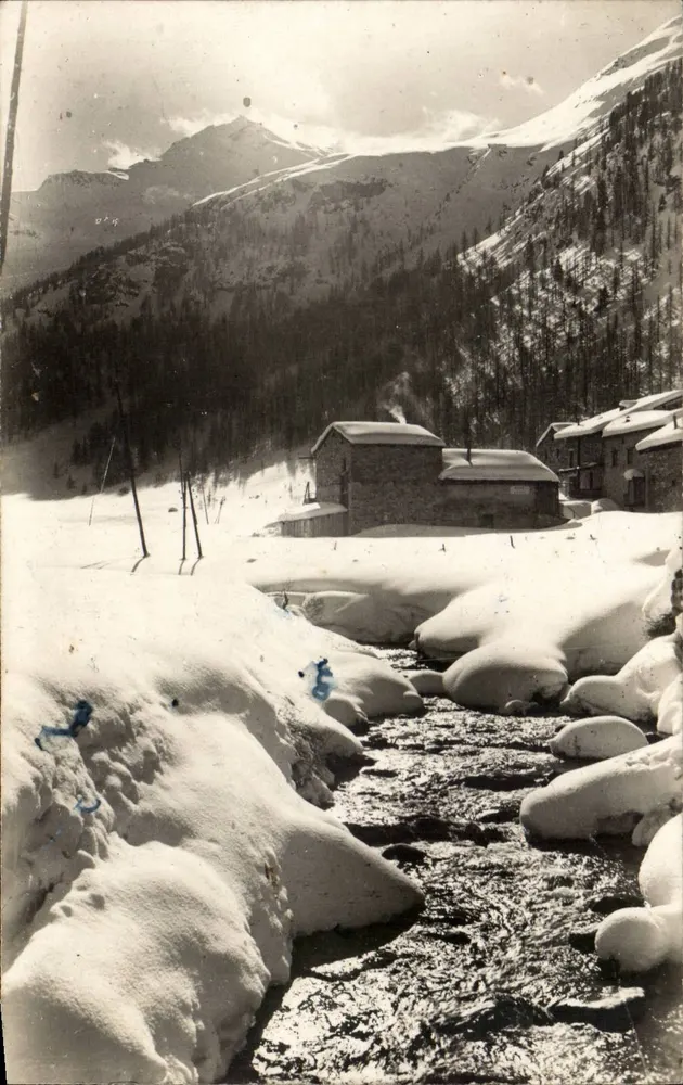 Val d'Isère (Savoie) — 1650 m — winterliche Ansicht mit Chalet und Bach — Ed. Édouard S. S. H. - Vorderseite