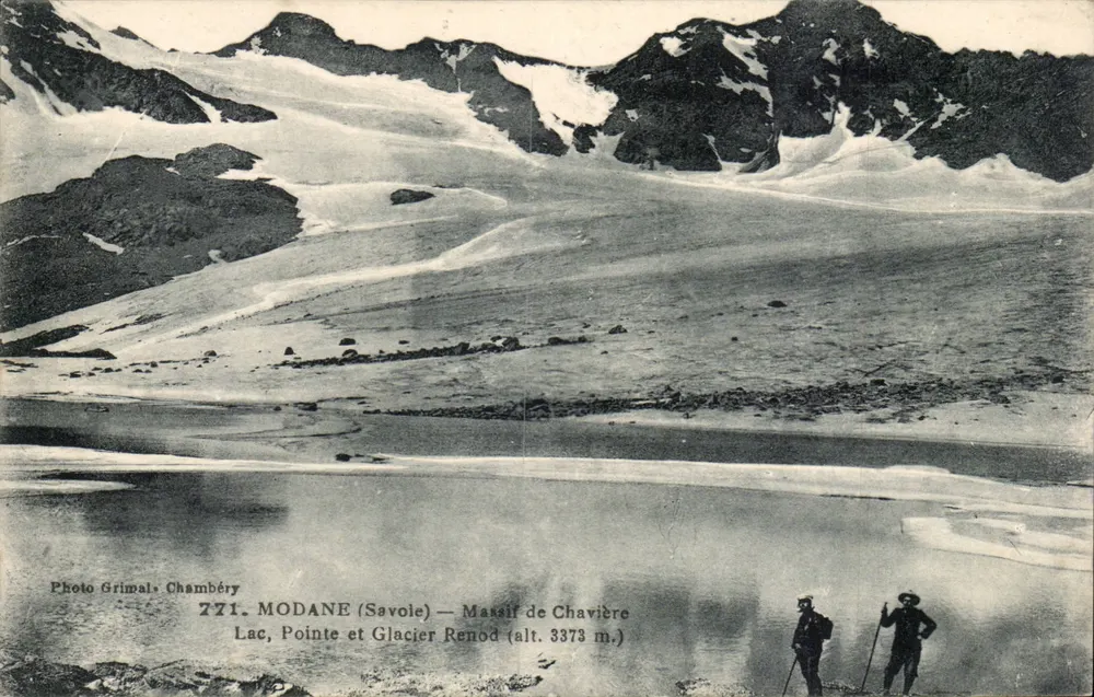 Modane (Savole) — Massiccio di Chavière — Lago, Punta e Ghiacciaio Renod (alt. 3373 m.) — Foto Grimal, Chambéry, n° 271 - Recto