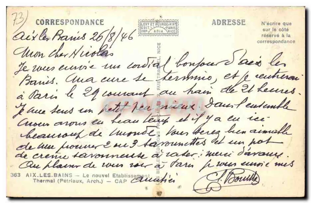Aix-les-Bains — Le nouvel Établissement Thermal (Pétriaux, Arch.) — Éditeur : Levit & Acourdeirat, Paris - Rückseite