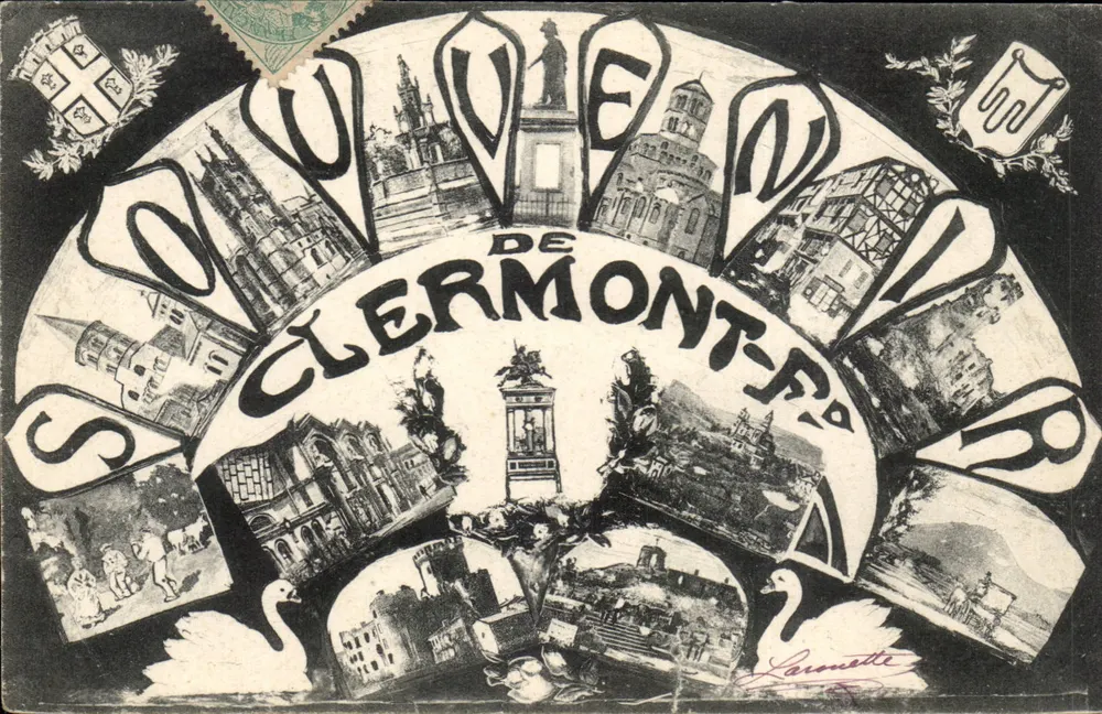 Souvenir de Clermont-Ferrand — vue panoramique en forme de ventilateur avec éditeur Larnette - Frente