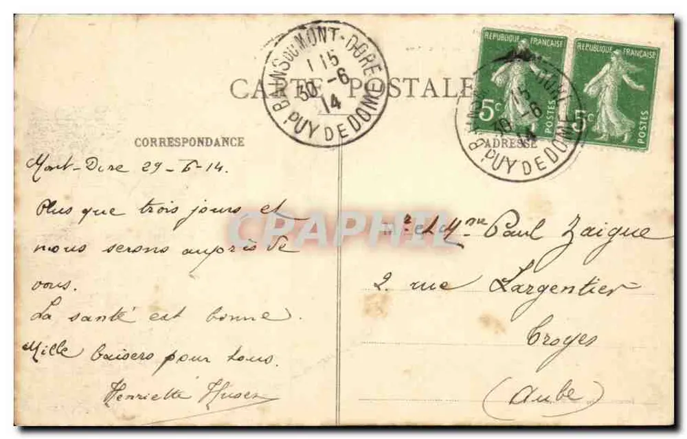 Saint-Nectaire — Hotel dos Termas — Auvergne, editor J. Jou, número de série não visível - Verso