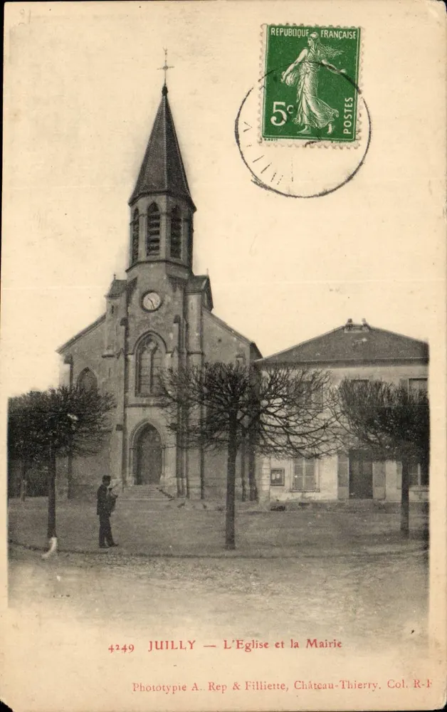 Juilly — Die Kirche und das Rathaus — Phototypie A. Rep & Filliette, Château-Thierry. Col. R-F - Vorderseite