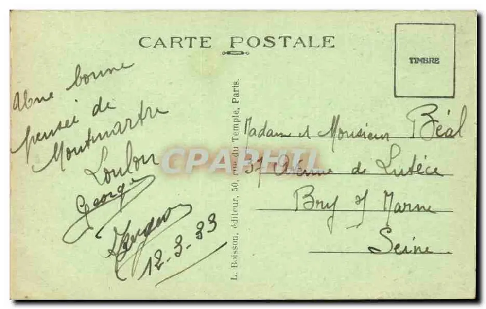 Paris-Montmartre — Die Basilika des Heiligen Herzens — Verlag J.H. - Rückseite