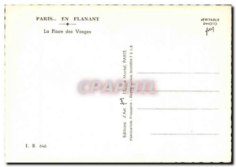Praça dos Vosges — vista sob um arco — Edições En Flanant, n° I.B. 646 - Verso