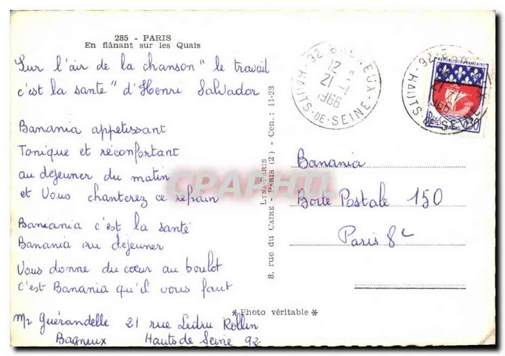 Paris - Caminhar pelos quais — Banania — editor L'Écho de Paris, n°285 - Verso
