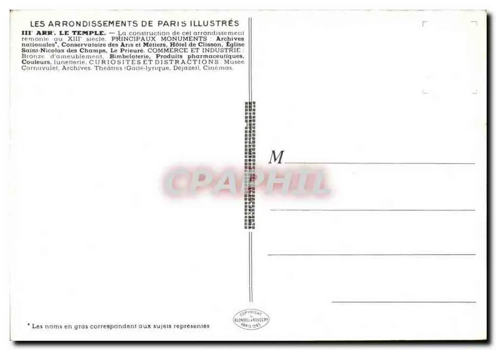 Paris 3e arrondissement (Temple) — Carta postal ilustrada — Editor Blondel & Nougery, Paris 1943 - Verso