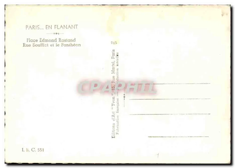 Paris... en Flanant — Place Edmond Rostand und der Panthéon — Éditions d'Art 'Yvon' 15 Rue Martel, Paris - Rückseite