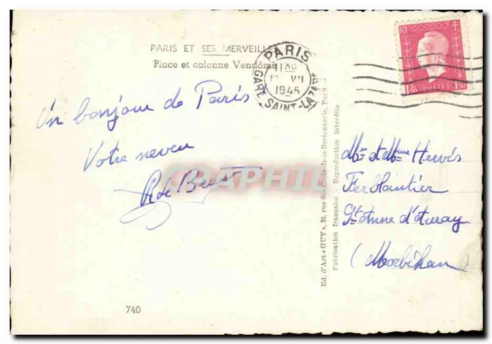 Place Vendôme — coluna Vendôme — Ed. d'Art GUY, n° 740 - Verso