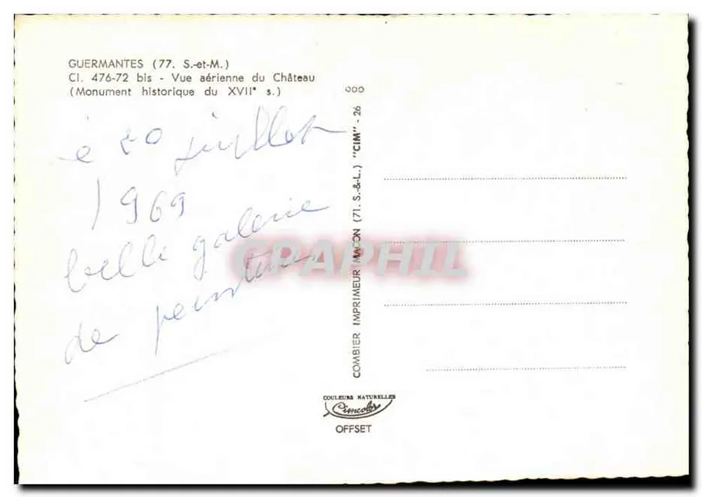 Guermantes (77) — Luftbild des Schlosses aus dem 17. Jahrhundert — Imprimeur Combier - Rückseite